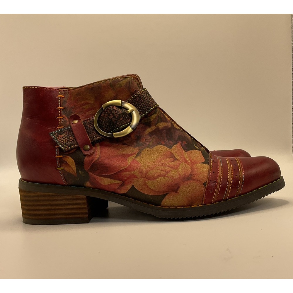L'Artiste Spring Step Georgiana Red Multi Leather Floral Ankle Boots 39 Romantic